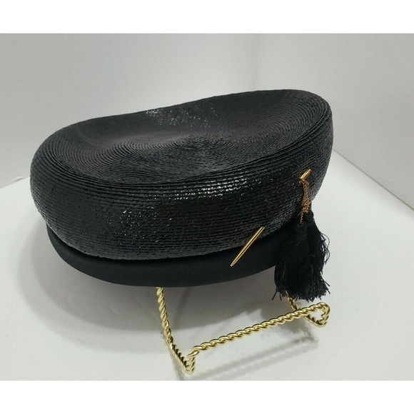 Vintage Toque Style Hat Black with Gold Color Pin and Tassel Mid Century